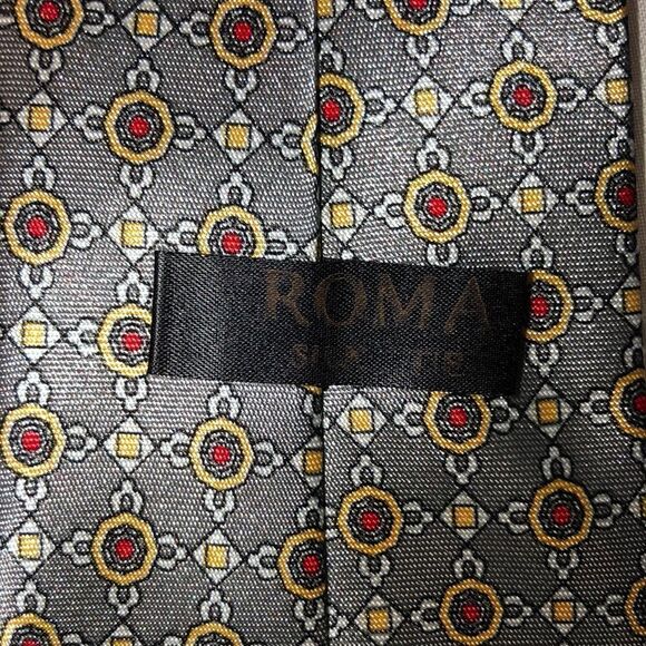 Roma Italian Silk Medallion Tie in Silver Gray Red Gold White - Picture 4 of 8